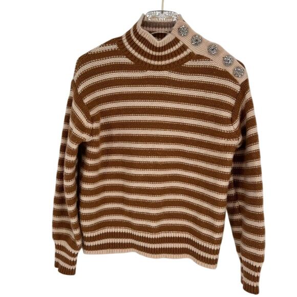 J. Crew Cable-Knit Mockneck Pullover in Stripe with Jewel Buttons Size Small - Picture 1 of 6